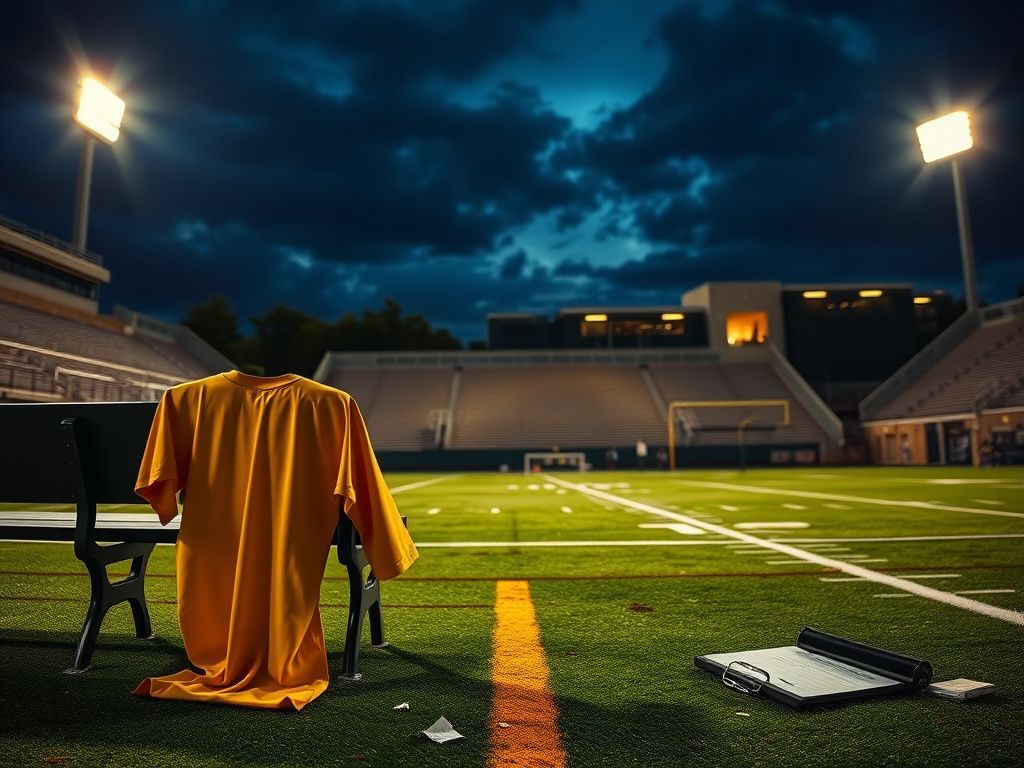 Flick International Dramatically lit college football stadium scene at dusk with yellow jersey and discarded clipboard symbolizing tension