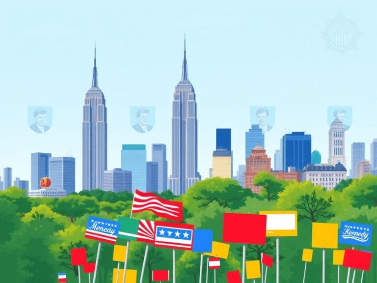 Flick International Vibrant illustration of the Manhattan skyline featuring landmarks and campaign symbols.