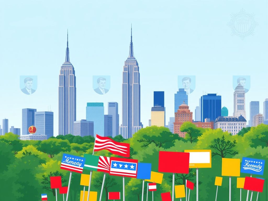 Flick International Vibrant illustration of the Manhattan skyline featuring landmarks and campaign symbols.