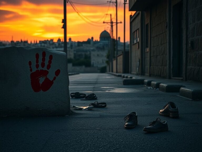 Flick International A powerful scene depicting the aftermath of a tumultuous event in Israel with a red handprint on a wall.