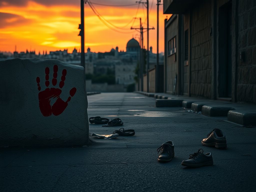 Flick International A powerful scene depicting the aftermath of a tumultuous event in Israel with a red handprint on a wall.