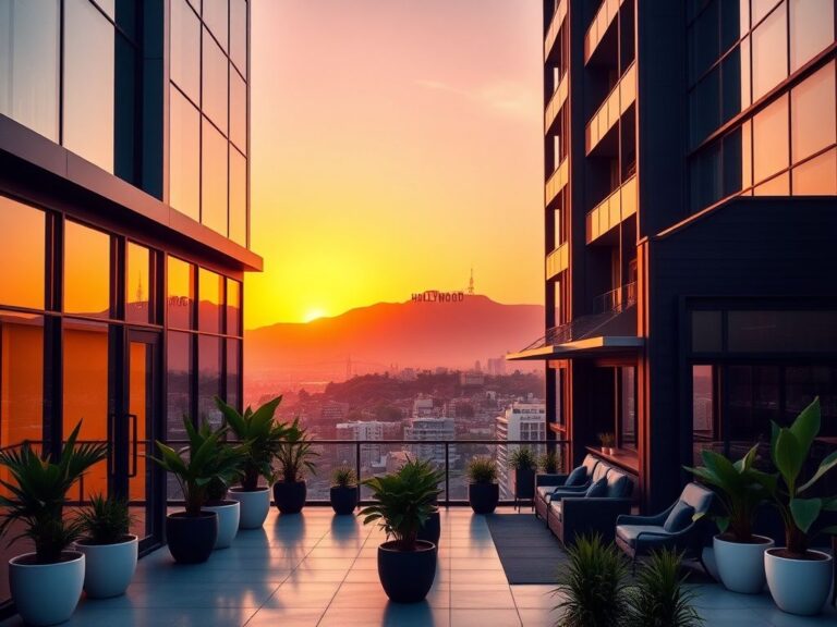 Flick International Luxurious Los Angeles skyline at sunset with a modern real estate office