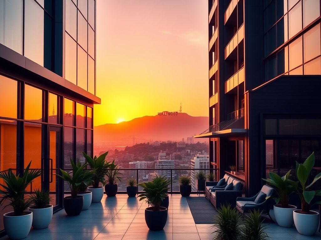 Flick International Luxurious Los Angeles skyline at sunset with a modern real estate office