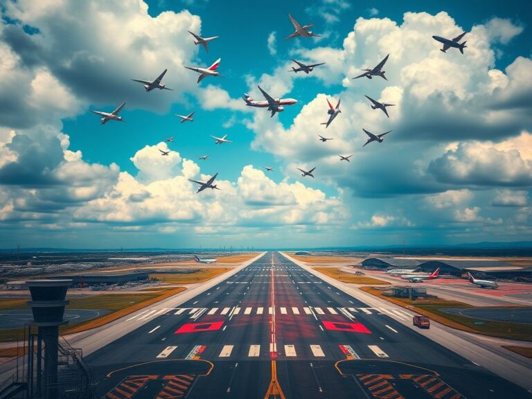 Flick International Aerial view of a busy airport runway with airplanes taking off and landing
