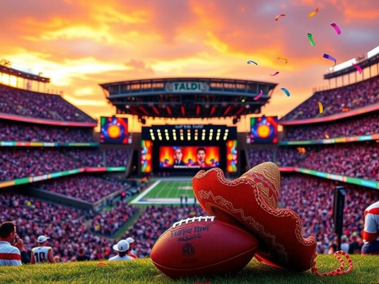 Flick International Vibrant outdoor scene at a football stadium during sunset featuring a grand halftime show stage and crowd in festive colors