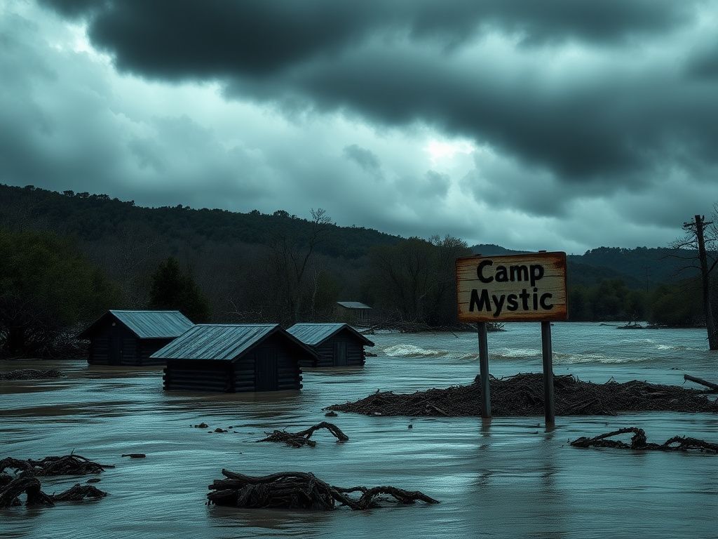 Flick International A flooded campground at Camp Mystic along the Guadalupe River with submerged cabins and debris.