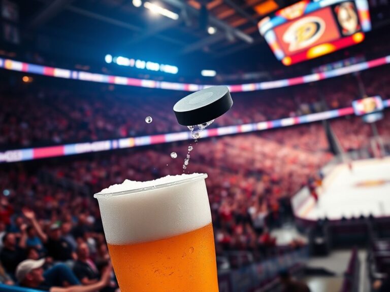 Flick International Excited NHL fan chugs beer after catching a flying puck in the arena
