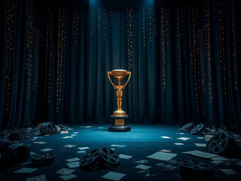 Flick International A dimly lit Hollywood awards stage with an extravagant gold trophy, surrounded by scattered film reels and old scripts.