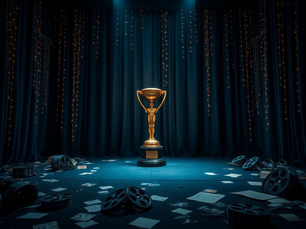 Flick International A dimly lit Hollywood awards stage with an extravagant gold trophy, surrounded by scattered film reels and old scripts.
