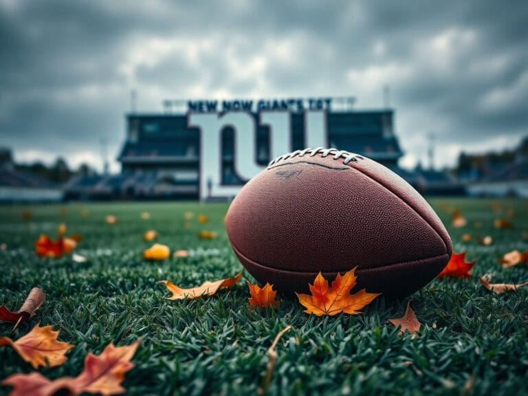 Flick International Close-up of a football on a turf field with fallen leaves and Giants logo in the background