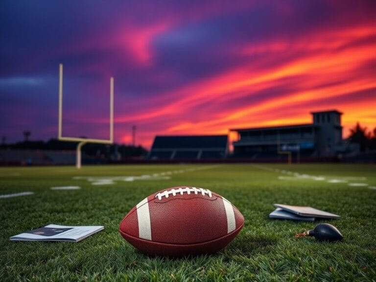Flick International A twilight football field setting with a well-worn football on the turf