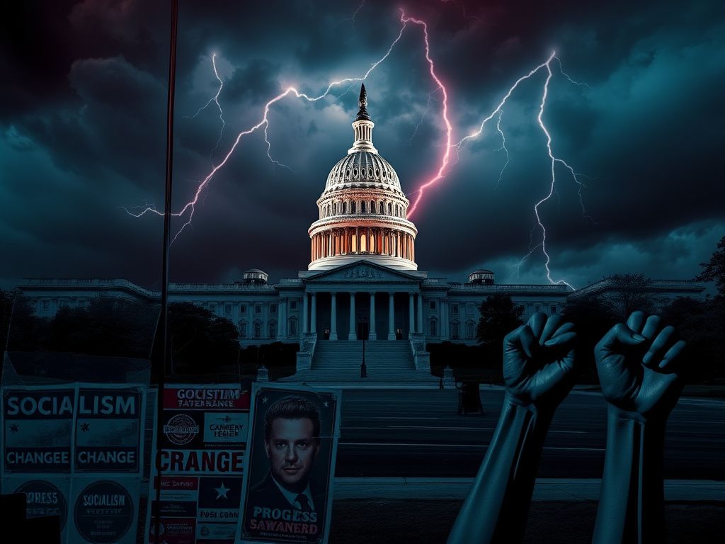 Flick International A dramatic depiction of the U.S. Capitol building amidst storm clouds, reflecting political tension.