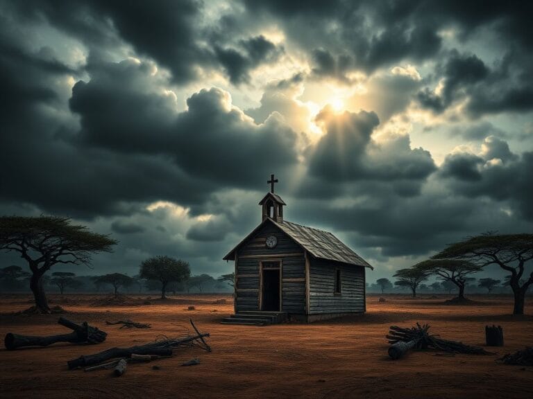 Flick International Landscape depicting a church in Nigeria amidst violence and unrest