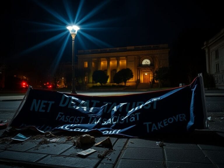 Flick International Torn anti-fascist protest banner on UC Berkeley campus