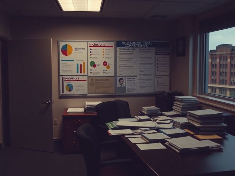 Flick International Dimly lit university office showcasing documents labeled 'DEI' and rebranded terms such as 'inclusion' and 'competency'.