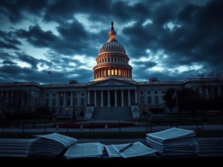 Flick International A somber view of the U.S. Capitol Building at dusk, illustrating the tension of the government shutdown