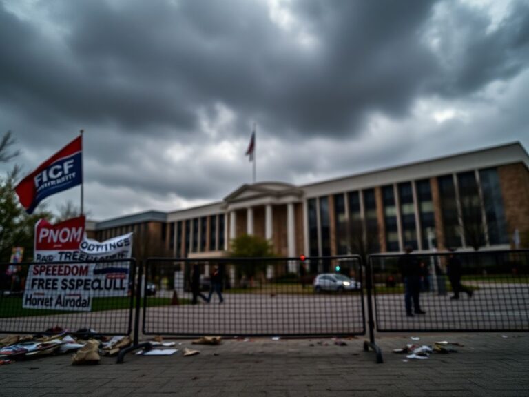 Flick International Protest scene outside UC Berkeley with political banners, police barricade, and ominous clouds