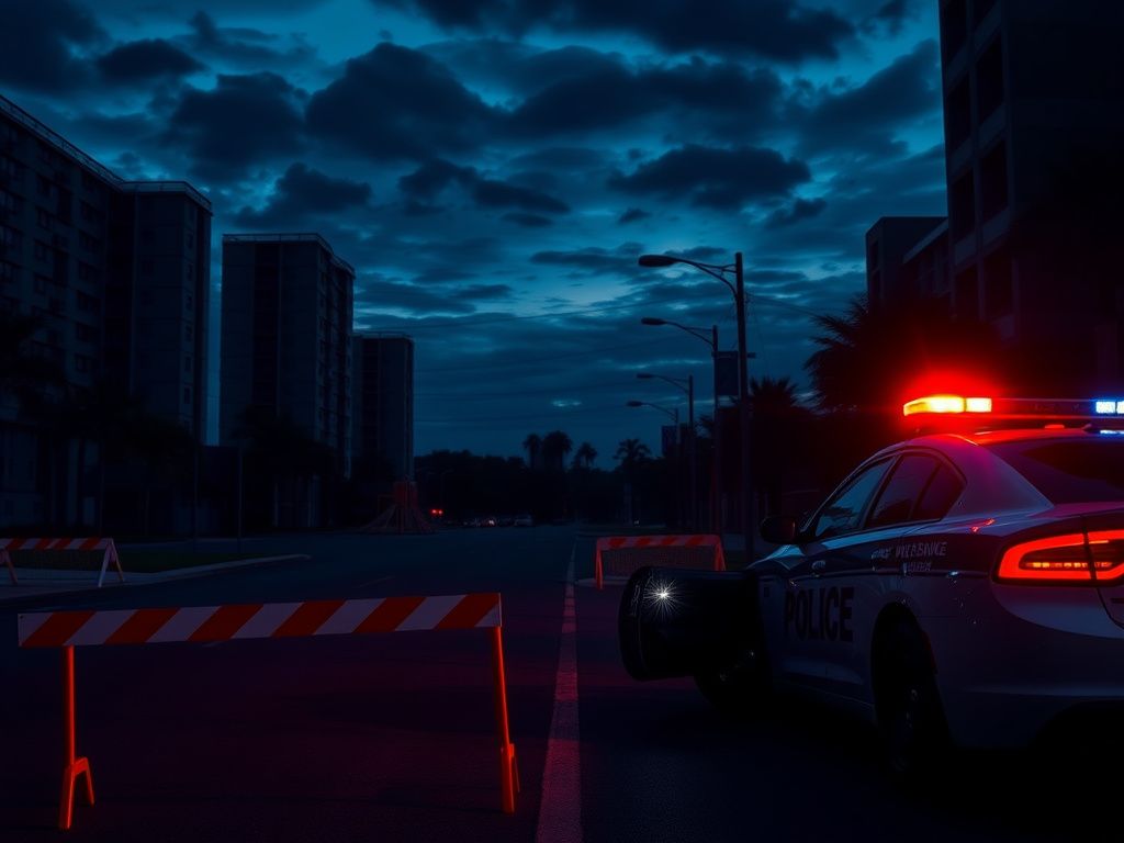 Flick International Police car with flashing lights parked beside a deserted street in Florida during dusk