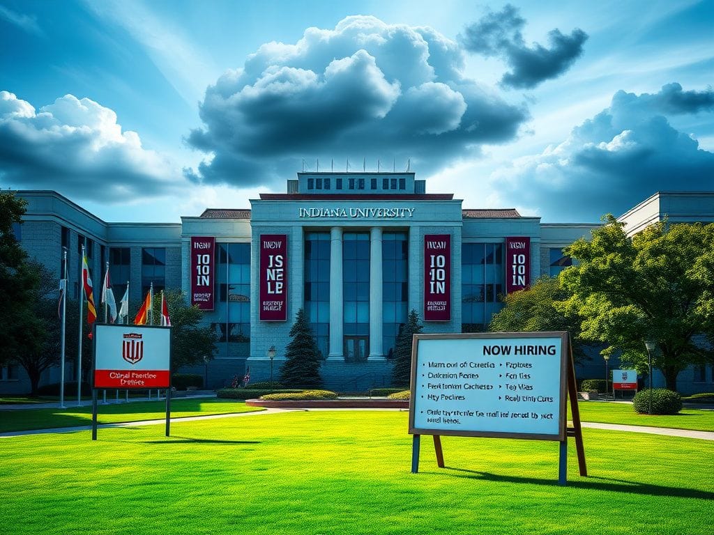 Flick International A modern Indiana University campus with hiring banners and international flags
