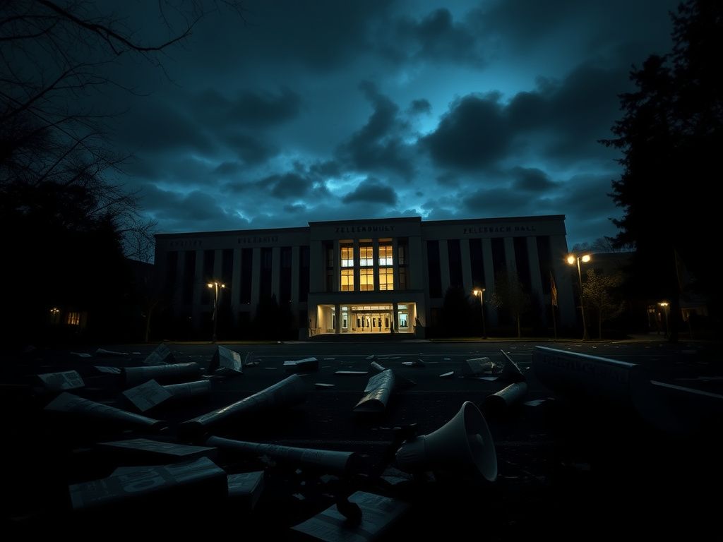 Flick International Dark exterior of Zellerbach Hall at UC Berkeley illuminated by streetlights with protest remnants scattered on the ground