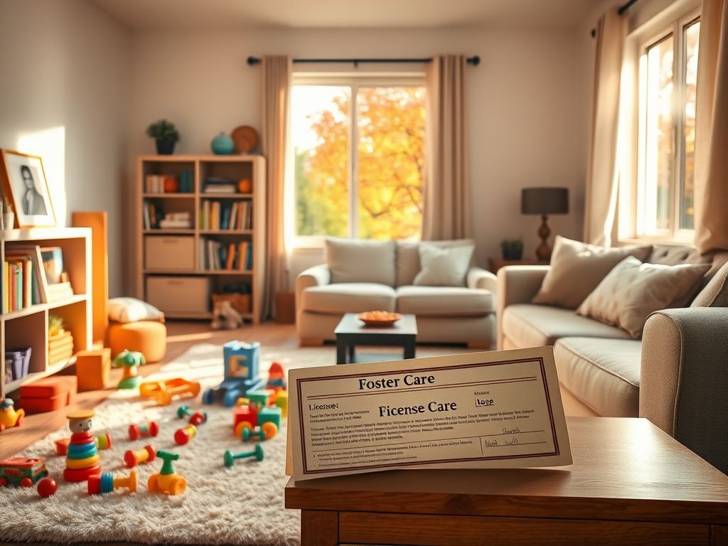 Flick International Cozy living room showcasing children's toys and a faded foster care license notice