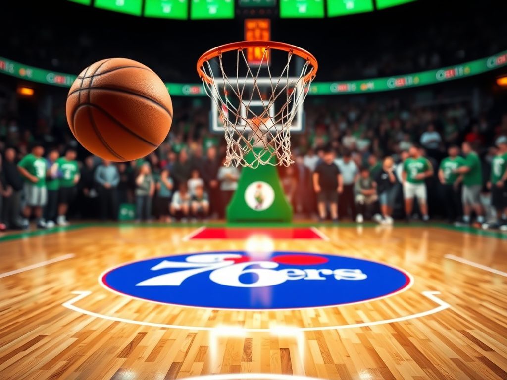 Flick International Dynamic basketball court scene featuring Philadelphia 76ers logo and Boston Celtics colors