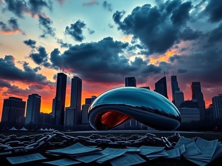 Flick International Dramatic Chicago skyline at sunset with the 'Bean' sculpture, symbolizing urban conflict and tension.