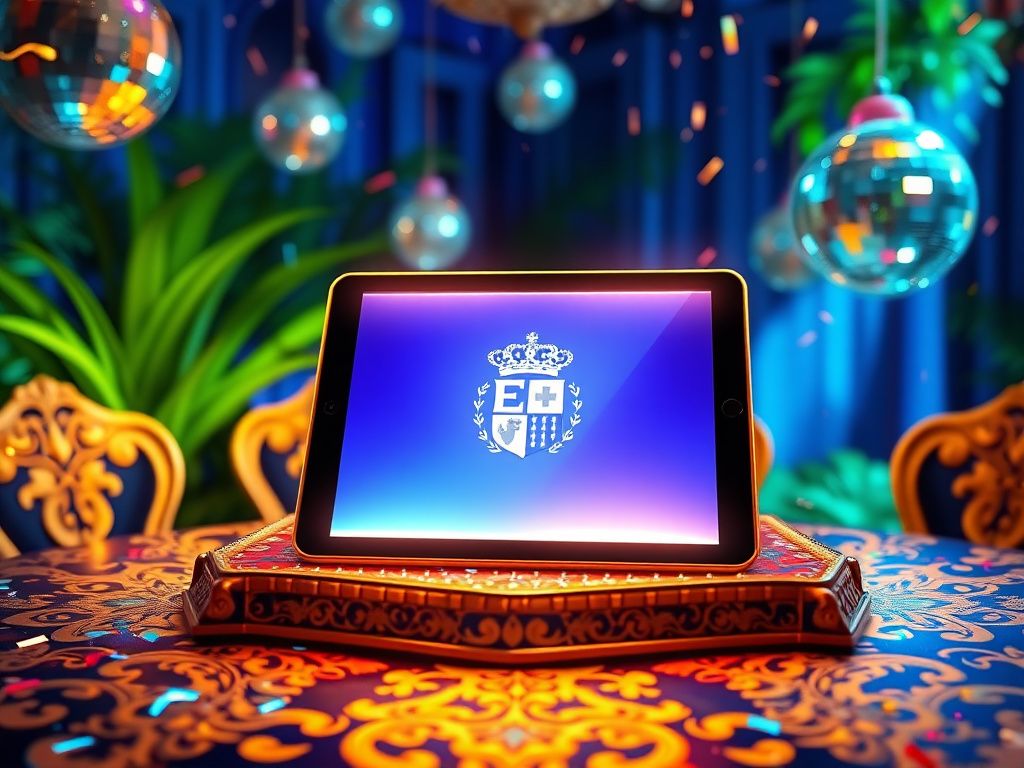 Flick International A whimsical digital scene featuring a glowing tablet with a royal crest, symbolizing a video call to Robert Irwin.
