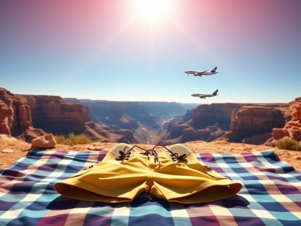 Flick International Scenic view of the Grand Canyon with Bermuda shorts and hiking shoes on a picnic blanket, symbolizing attire choices for hiking.
