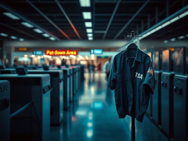 Flick International A somber TSA checkpoint with empty metal detectors and a lone TSA uniform on display