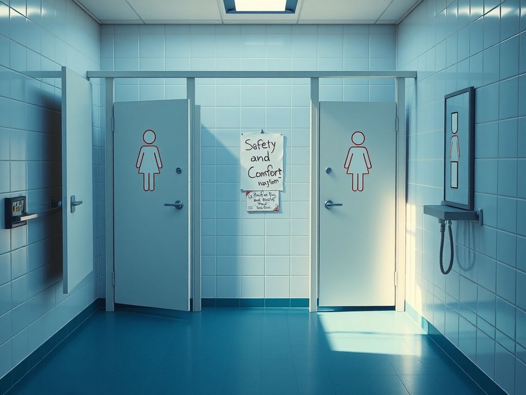 Flick International Empty university restroom with inclusivity symbols and traditional female symbol