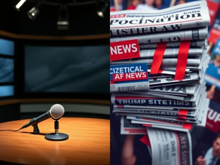 Flick International A split-screen image contrasting an empty television studio and a vibrant political discourse scene.