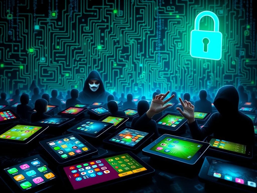 Flick International A vibrant digital landscape depicting children's devices alongside shadowy symbols representing AI scams.