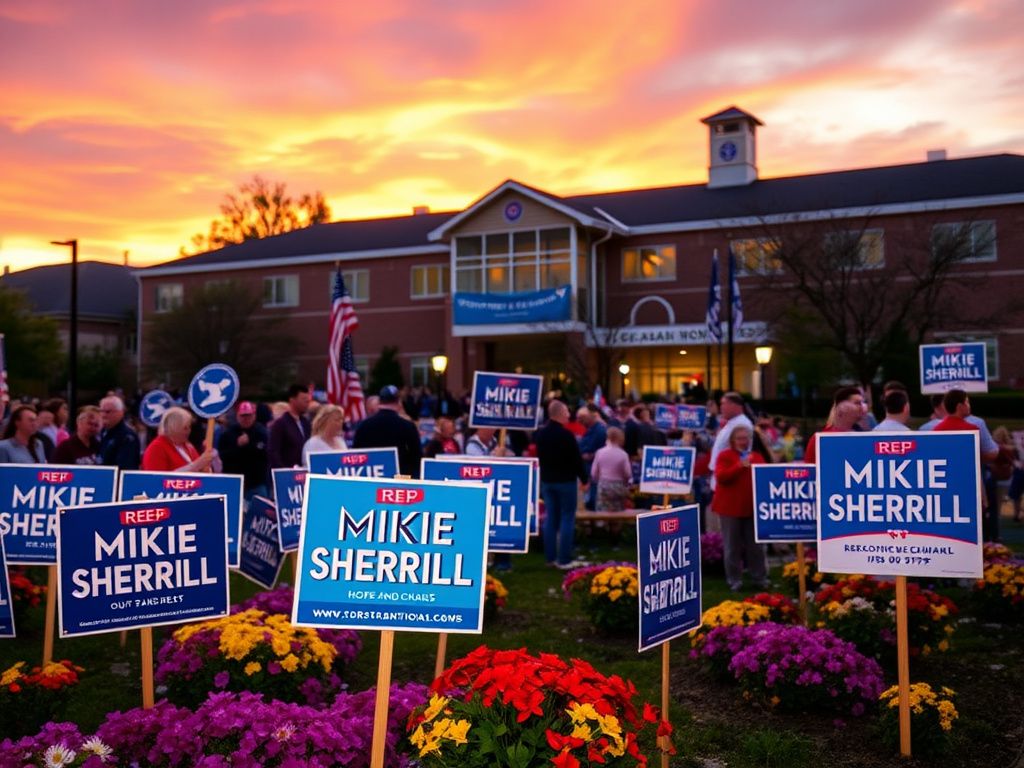 Flick International A vibrant political rally scene outside a community college in New Jersey, showcasing campaign signs for Rep. Mikie Sherrill.