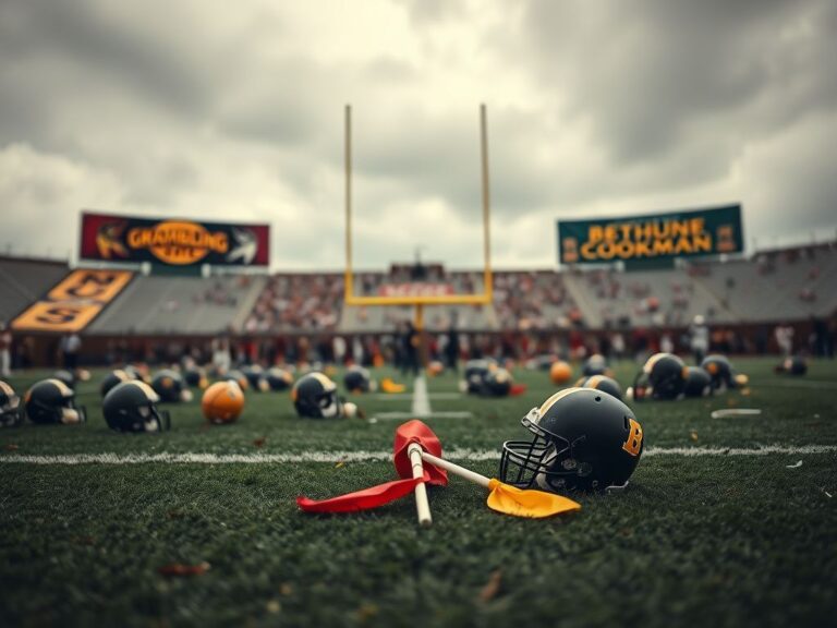 Flick International Chaotic football field scene post-fight during halftime of Grambling State vs Bethune-Cookman game