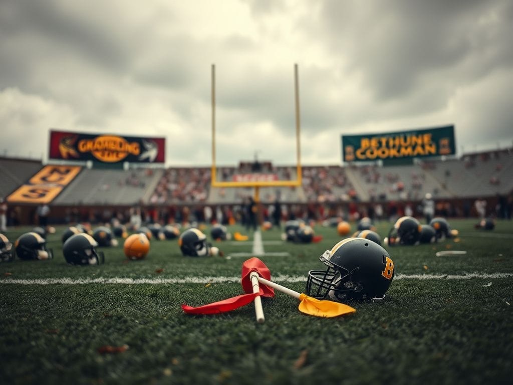 Flick International Chaotic football field scene post-fight during halftime of Grambling State vs Bethune-Cookman game