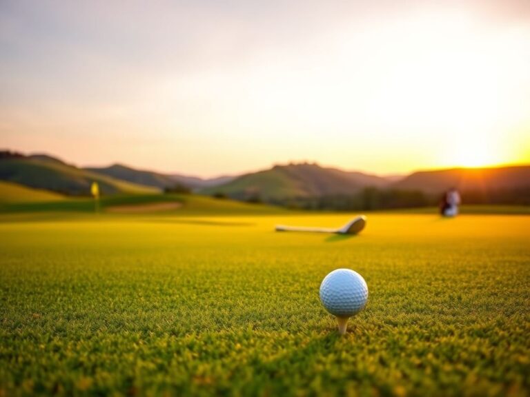 Flick International Serene golf course landscape during golden hour with golf tee and ball