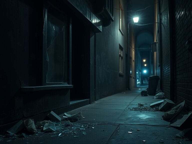 Flick International Dimly lit urban alleyway in Chicago showing aftermath of burglary with shattered glass and broken window