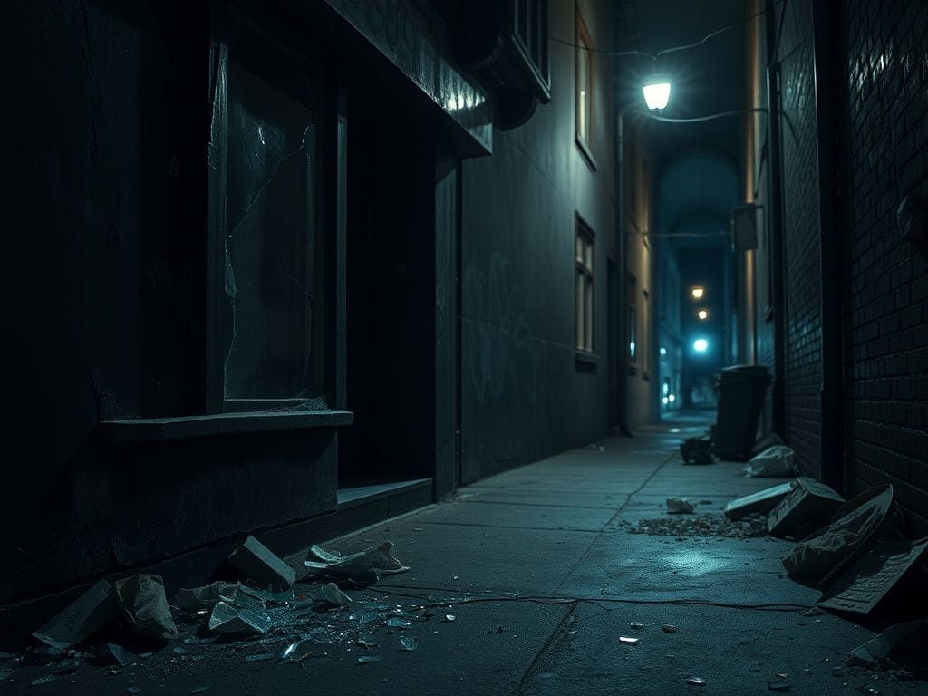 Flick International Dimly lit urban alleyway in Chicago showing aftermath of burglary with shattered glass and broken window