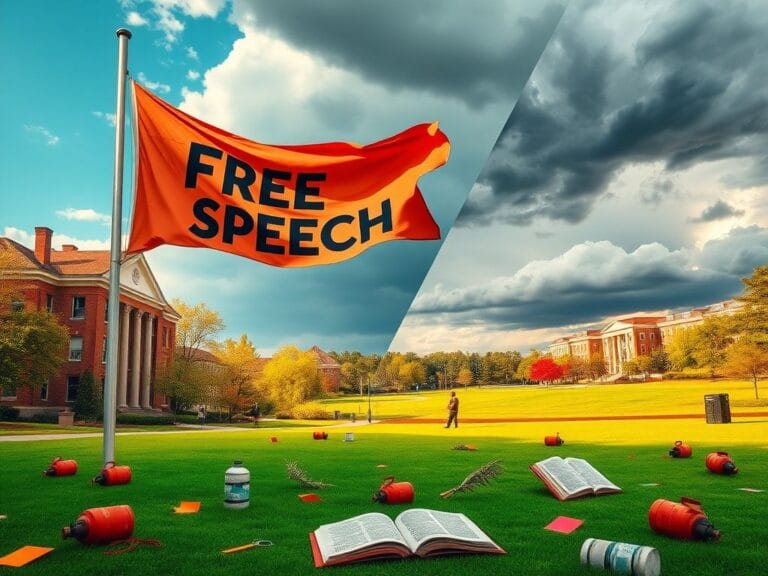 Flick International Vibrant university campus scene depicting a 'Free Speech' banner amidst contrasting landscapes of peace and conflict.