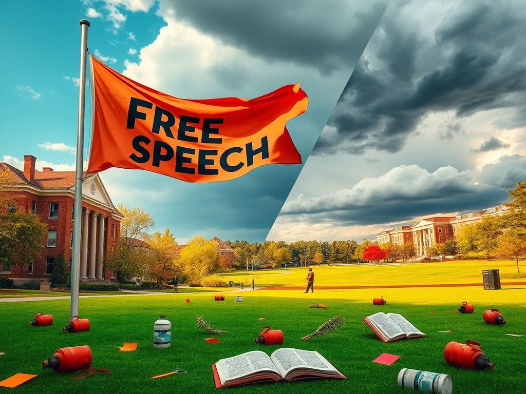 Flick International Vibrant university campus scene depicting a 'Free Speech' banner amidst contrasting landscapes of peace and conflict.