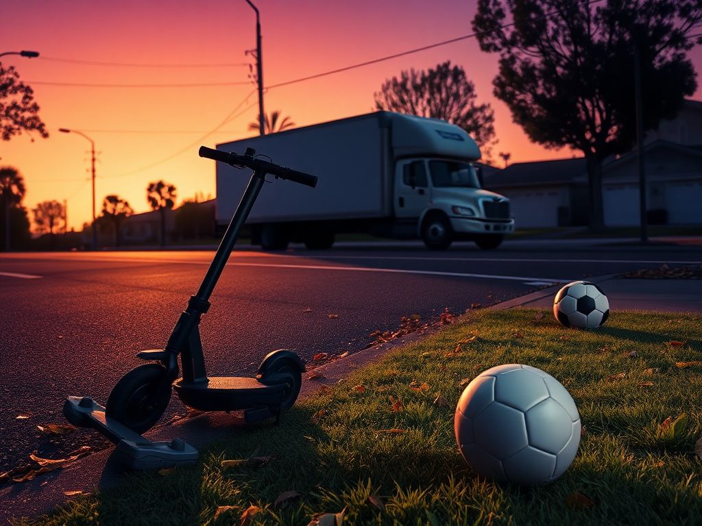 Flick International Abandoned electric scooters on a quiet California street, symbolizing the tragedy of a recent accident.