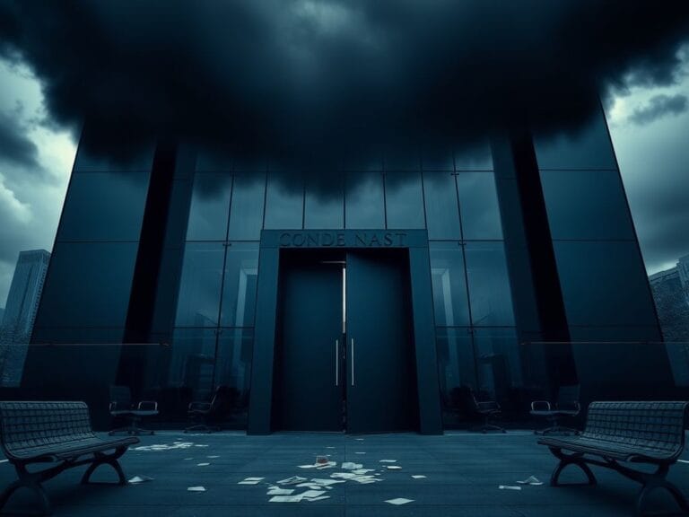 Flick International A dramatic view of Condé Nast's corporate office with stormy skies above, symbolizing tension over layoffs.