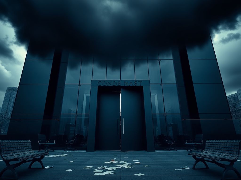 Flick International A dramatic view of Condé Nast's corporate office with stormy skies above, symbolizing tension over layoffs.