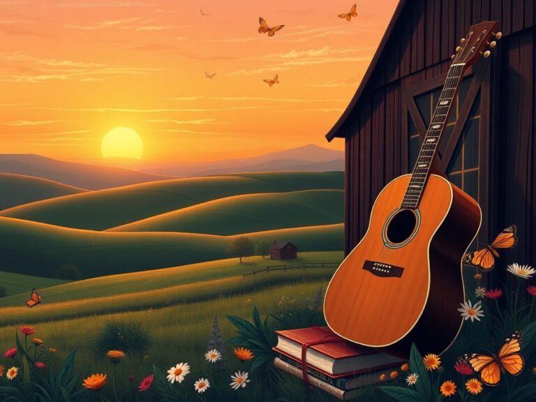 Flick International A classic wooden guitar leaning against a barn in a sunset country landscape symbolizing Dolly Parton's legacy