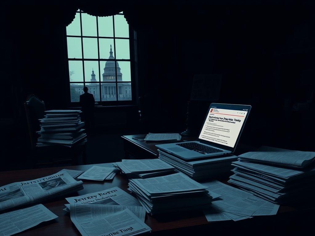 Flick International A darkened office space with an antique wooden desk and documents about Jeffrey Epstein and Donald Trump.