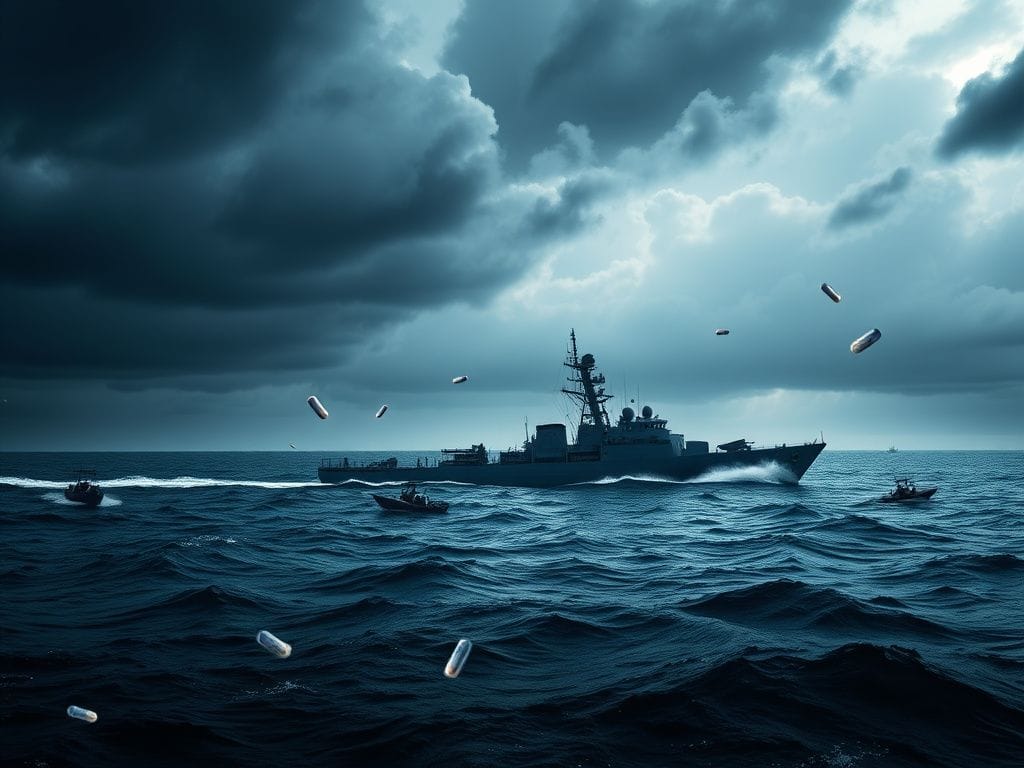 Flick International Naval warship poised in the ocean against a backdrop of stormy skies, representing the fight against narco-terrorism.