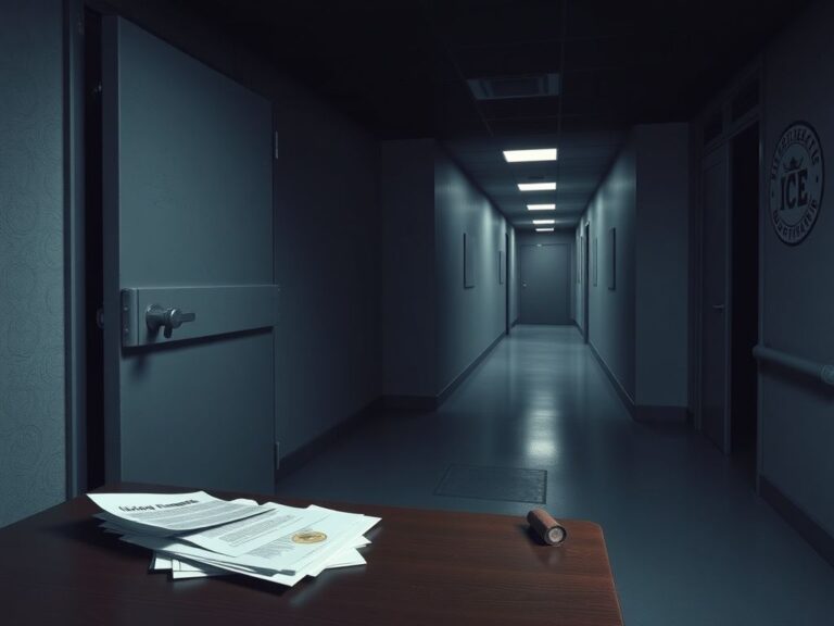 Flick International Interior of a federal immigration facility with a partially open security door and scattered legal documents on a desk