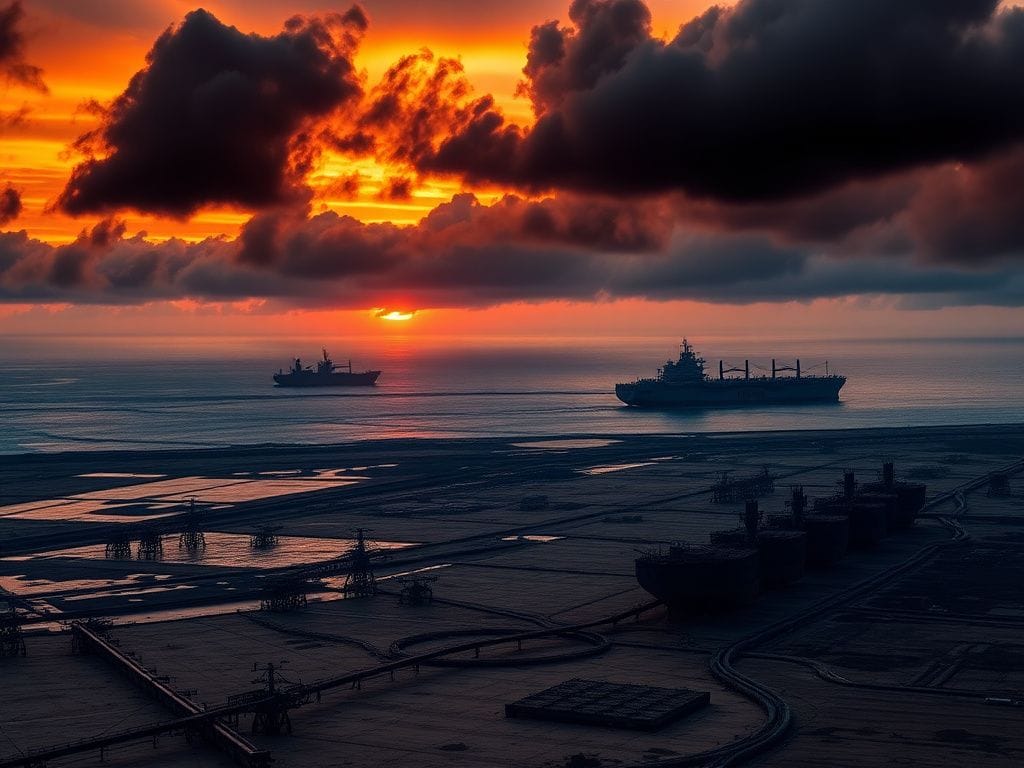 Flick International Aerial view of Venezuelan oil fields with cargo ship at sunset