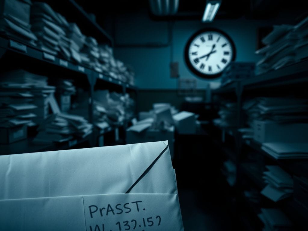 Flick International Dimly lit postal sorting facility with overflowing mail bins and a prominent ballot envelope